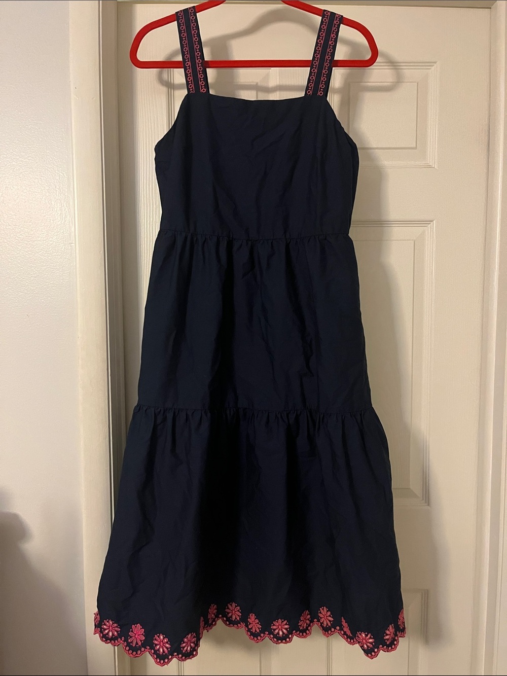 J. Crew Navy Sundress with Pink Embroidered Hem and Straps